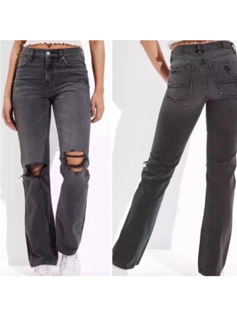 AEO 90s Bootcut Jeans Ripped Knees Black 10 regular